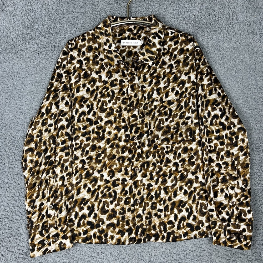 RM Rebecca Minkoff Blouse Womens 2X Leopard Print Satin Button Up Quiet Luxury